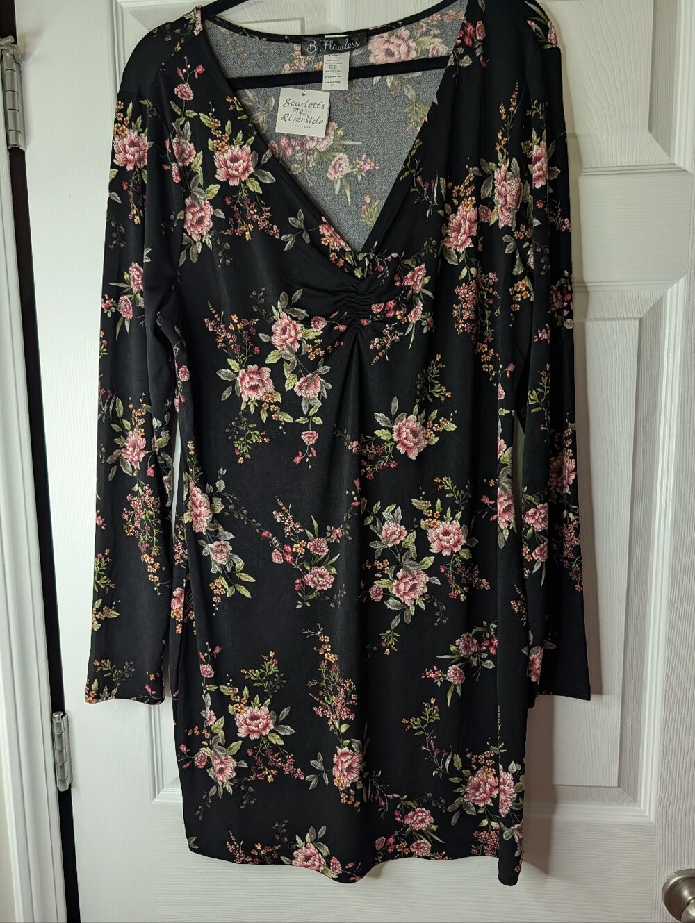 B Flawless Plus Size 3X Floral Cinch Front Dress Black Long Sleeve Stretch NWT